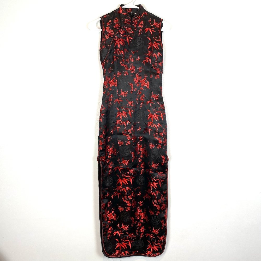 Traditional Chinese Style Dress Satin Floral Black Red Long Sleeveless Size S